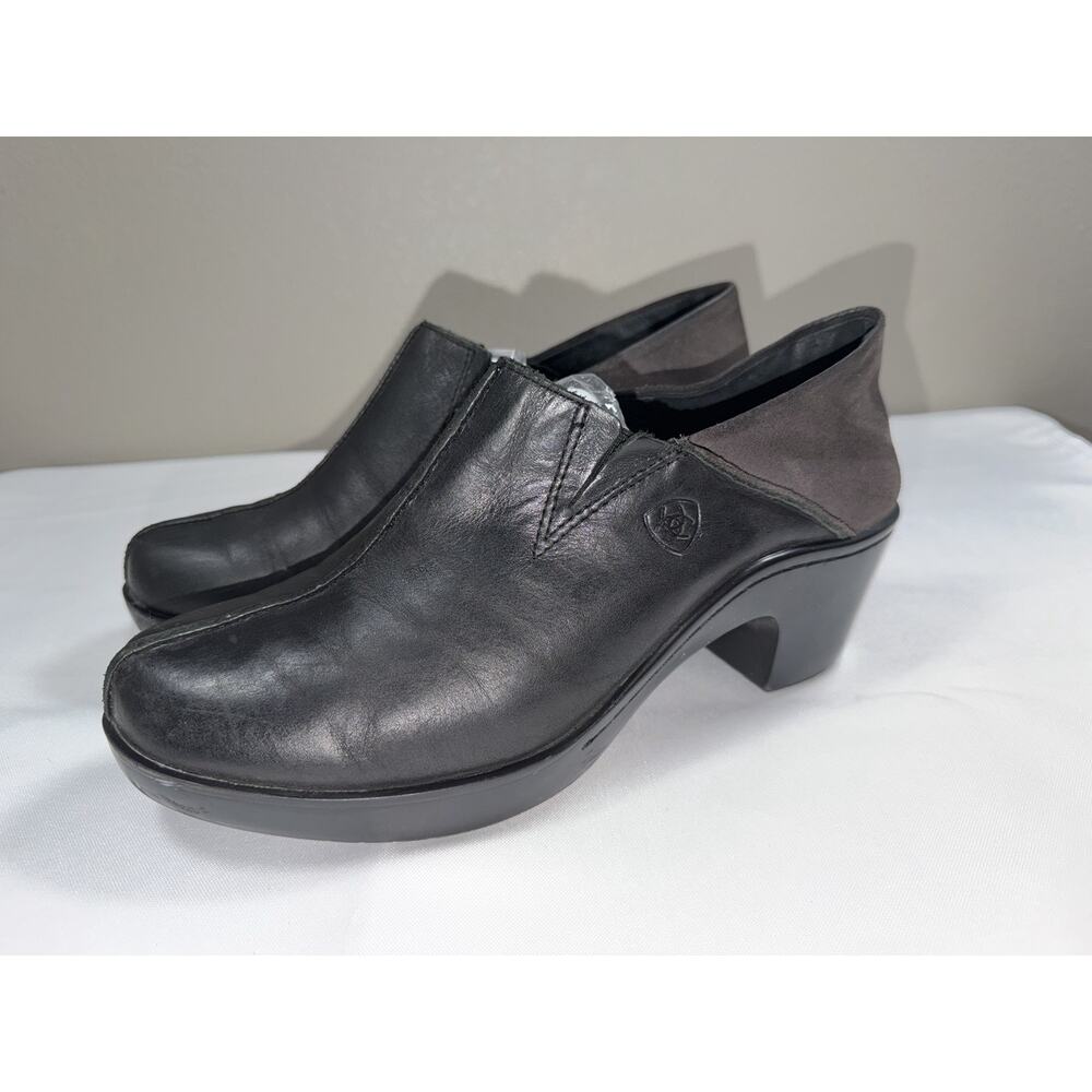 Ariat Black Leather & Suede Kickback Sz 10 (Estimated) Heeled Clogs 10.5” Insole